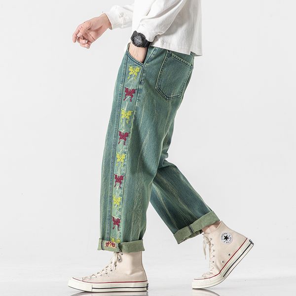 

2021 new autumn spring men's embroidered stretch trendy hip hop streetwear straight denim trouers 5da6, Blue