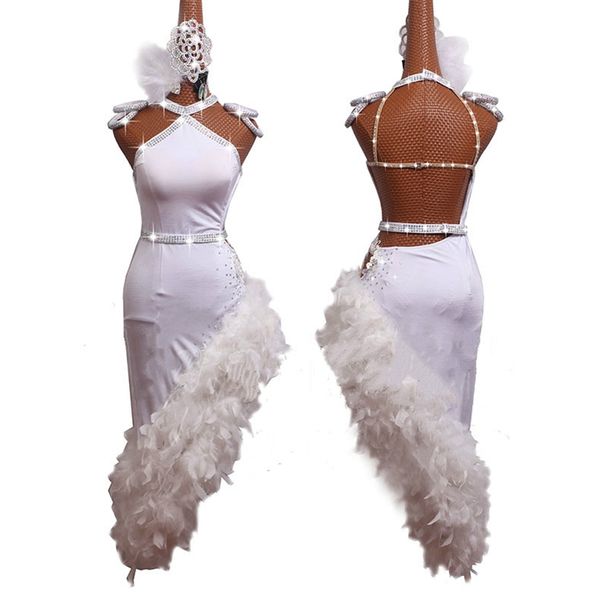 

new women latin dance dress high grade white feather diamond irregular dresses for ladies girls latin dance performance costume, Black;red