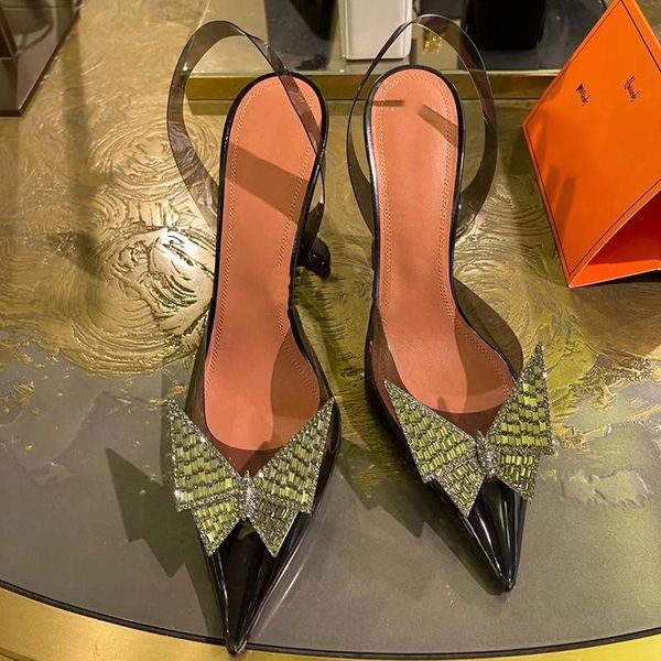 

dress shoes 2021 fashion crystal bowknot woman wedding pumps clear perspex high heels pointed toe pvc transparent sandals 45, Black