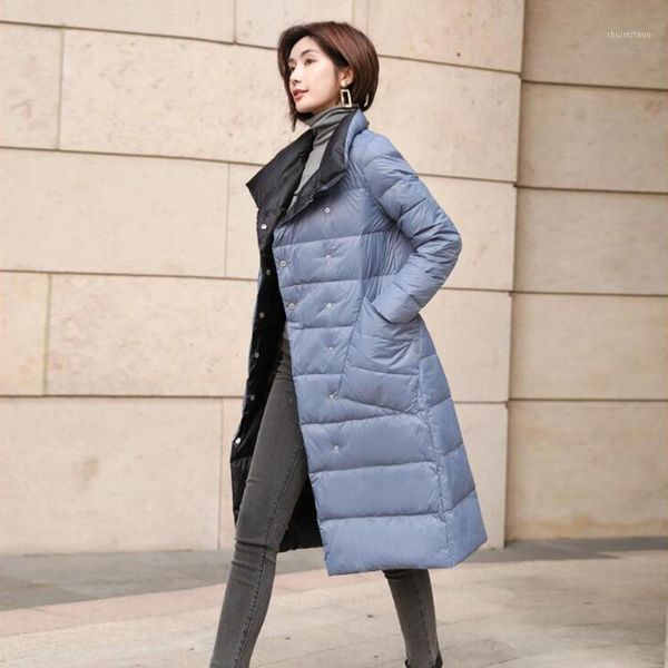 

women's down & parkas 2021 winter plus size 5xl long jackets women ultra light thin coat double sided spring slim plaid puffer jacket, Black