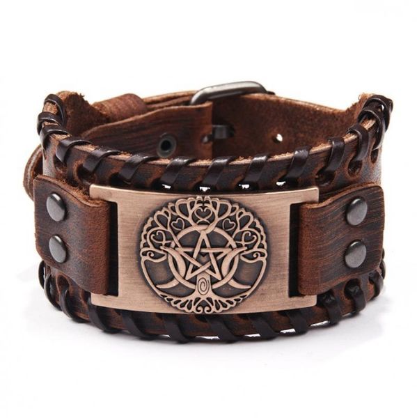 

tennis viking bracelet adjustable leather wristband wrapped for men boy star moon tree talisman punk jewelry, Golden;silver