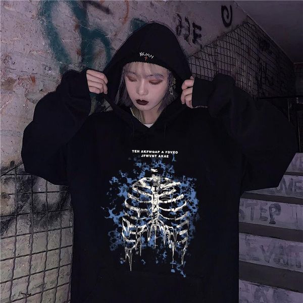 

men's hoodies & sweatshirts y2k loose skull print anime goth grunge hooded jacket solid color retro shirt harajuku korean style girltop, Black