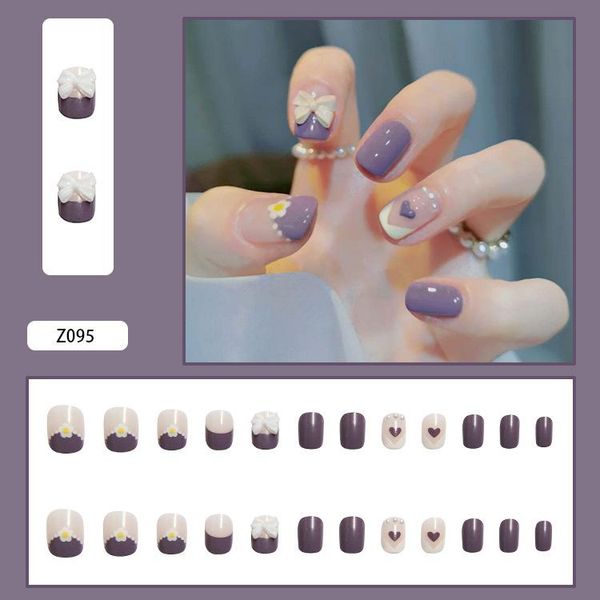 

false nails fake 24pcs pearl inlaid nail patch glue type removable short paragraph fashion manicure save time zgood, Red;gold