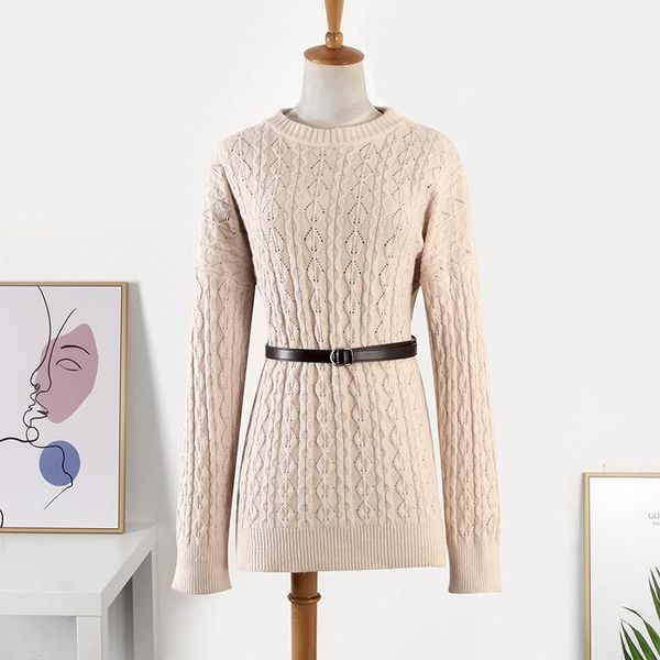 

women's sweaters hirsionsan elegant knitted cashmere women winter thicken loose long solid female pullovers o neck jumper with belt, White;black