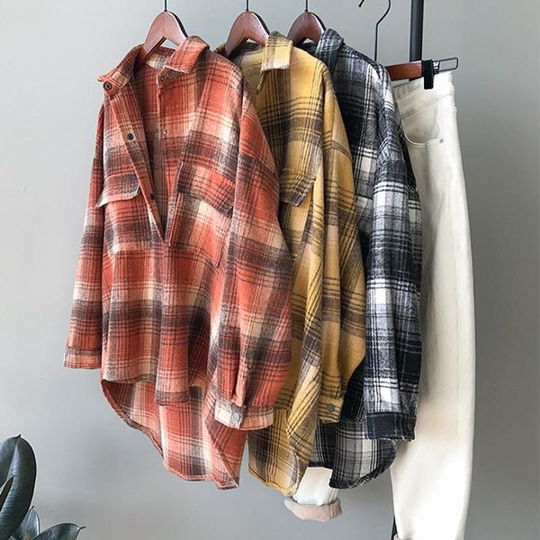 

loose batwing long sleeve plaid shirt women turn down collar casual boyfriend blouse lady home work wear ropa mujer, White