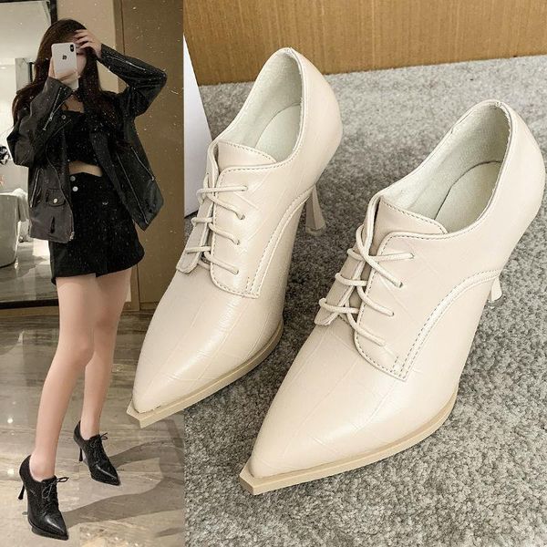 

dress shoes foreign style deep mouth women's 2021 spring pointed thin heel leather autumn versatile lace up women pumps, Black