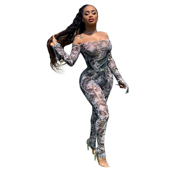

womens money dollar print sheer mesh jumpsuit women off shoulder long flare sleeve skinny romper night club overall outfit, Black;white