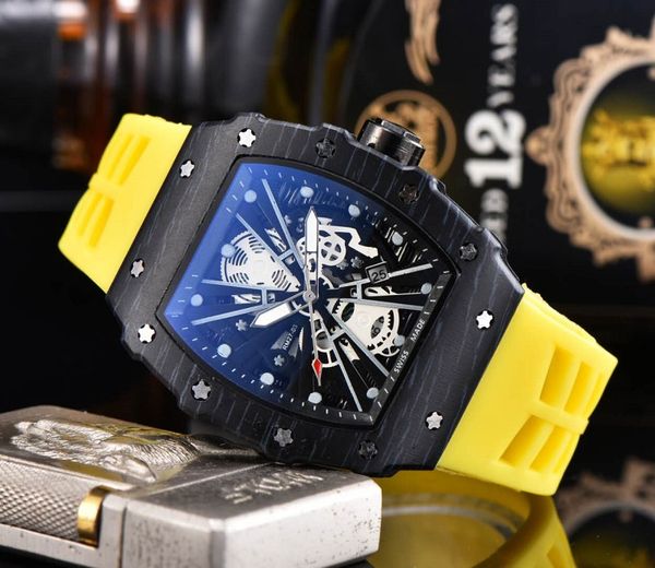 

2021 fashion sport mens quartz watch richa brand three stitches series luxury watches designer rubber strap leisure miller ghost head skelet, Slivery;brown