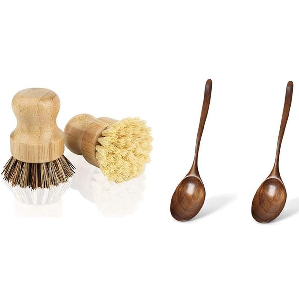 

spoons 2pcs bamboo mini scrub brush pot brushes dish scrubber with wooden long handle kitchen cooking mixing spoon