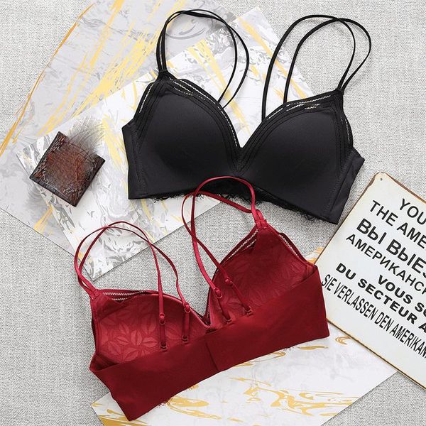 

bras sets simple seamless young girls fashion thin cup underwear lingerie wireless cross women adjustable lip bra and panty, Red;black
