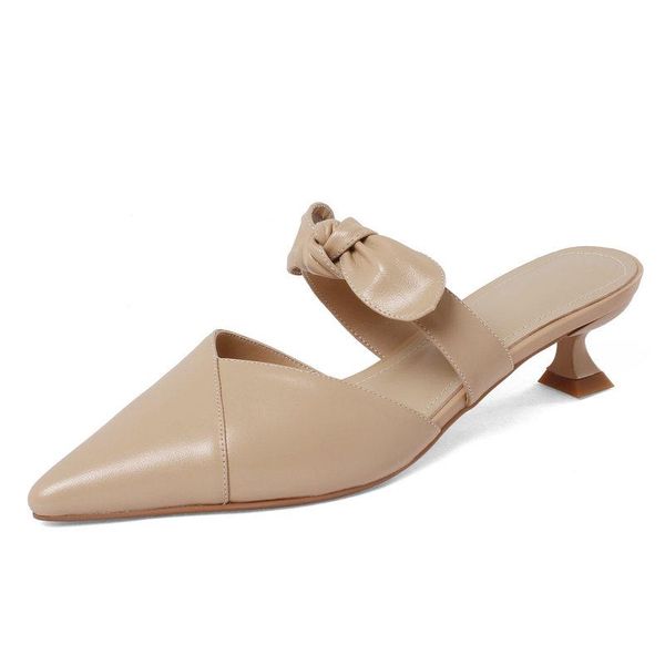 

slippers poined toe women mules genuine leather high heels sandals for girls summer est office lady party shoes woman, Black