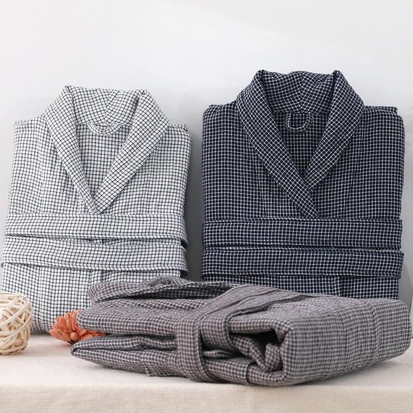 

men's sleepwear casual homewear fashion plaid cotton robe women men bathrobe soft absorbent japan style kimono peignoir long pajamas, Black;brown