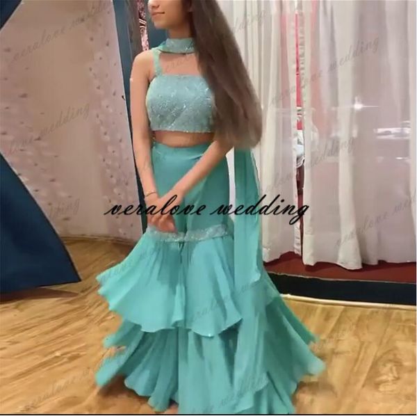 Due pezzi India Prom Dress Pantaloni Tute Chiffon verde Cinghie senza spalline con Saree Arabia Saudita Abiti da sera Abiti da sera