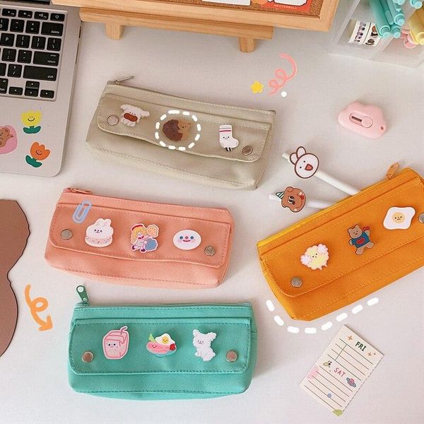 

card holders large kawaii colorful canvas stationery storage bag cute pencil w/ badges pen holder school supplies, Brown;gray