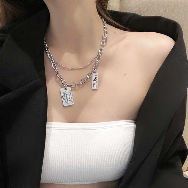 

titanium steel double layer overlapping letter brand necklace women's fashion hip hop cool clavicle chain versatile minority non fading, Silver