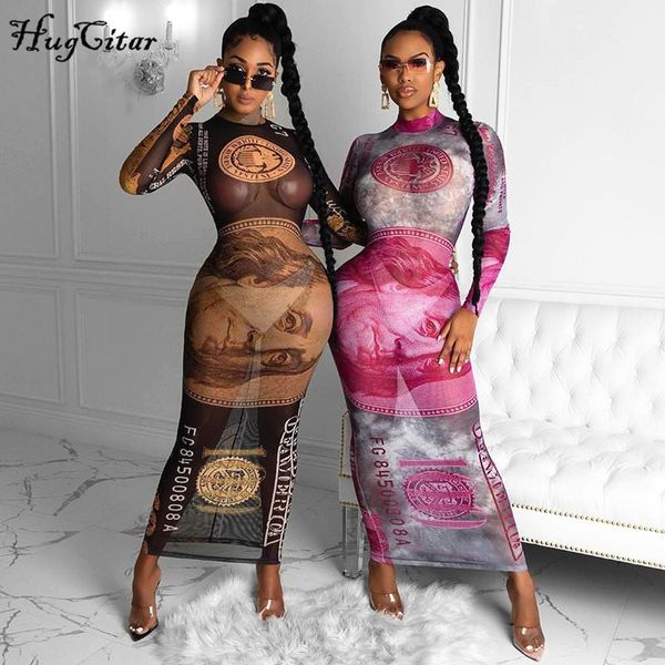 

hugcitar 2021 long sleeve mesh see-through money print maxi dress autumn winter women fashion streetwear outfits, Black;gray