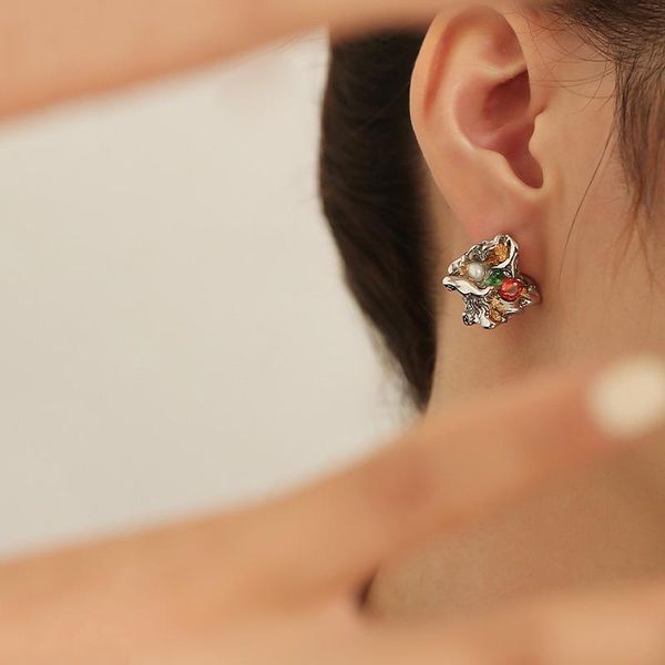 

stud 2021 inlaid colorful zircon freshwater pearl golden embellishment bump shiny punk female earrings girlfriend gift south korea, Golden;silver