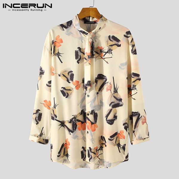 

men's casual shirts man stand collar lace up camisa incerun vintage printed long sleeve men fashion button loose blouse masculina 5xl, White;black