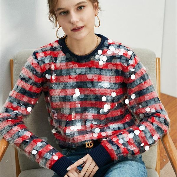 

women's sweaters luxury sequins striped sweater women clothes autumn winter cropped pullover knitted jumper pull mujer, White;black