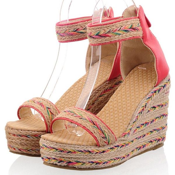 

sandals bonjomarisa plus size 47 female solid zipper open toe platform women high wedges vintage casual shoes woman, Black
