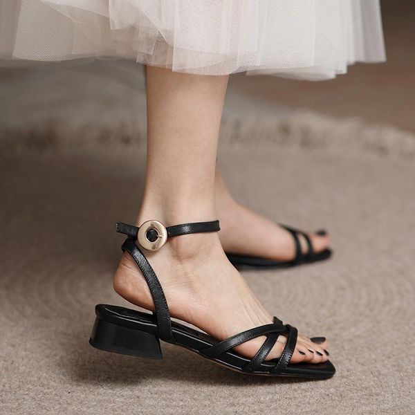 

dress shoes ladies sandals low-heel flat-bottom buckle open-toe 2021 summer style roman, Black