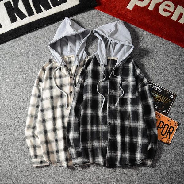 

men's hoodies & sweatshirts qiwn autumn hoodie street fashion plaid hooded long sleeve shirt large size, Black