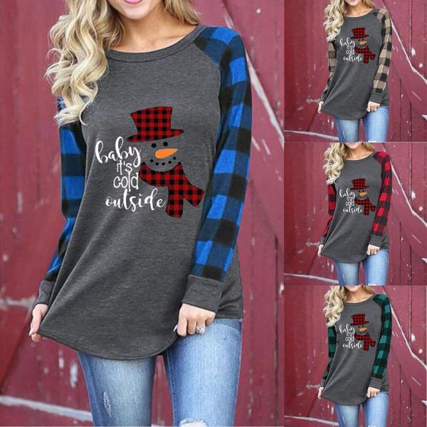 

women's t-shirt woman clothes printed christmas t shirt women autumn plaid long sleeve splicing color ladies #58, White