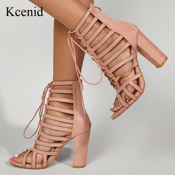 

sandals kcenid summer women shoes chunky high heels zipper fashion hollow out ladies peep toe cross-tied pumps, Black