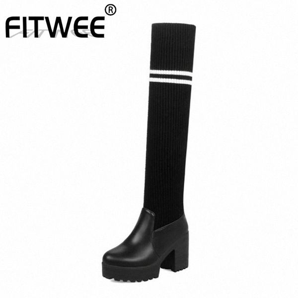 

fitwee women over the knee boots fashion square high heels shoes women platform warm wool material office footwear size 34 43 black kn d5qy#