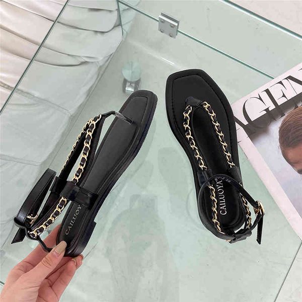 

dress shoes summer flip-flops metal chain soft leather women's sandals flat beach casual square toes hasp black-white 9022