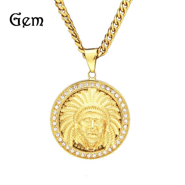 

hiphop jewelry hip hop diamond round army indian chief gold pendant, Silver