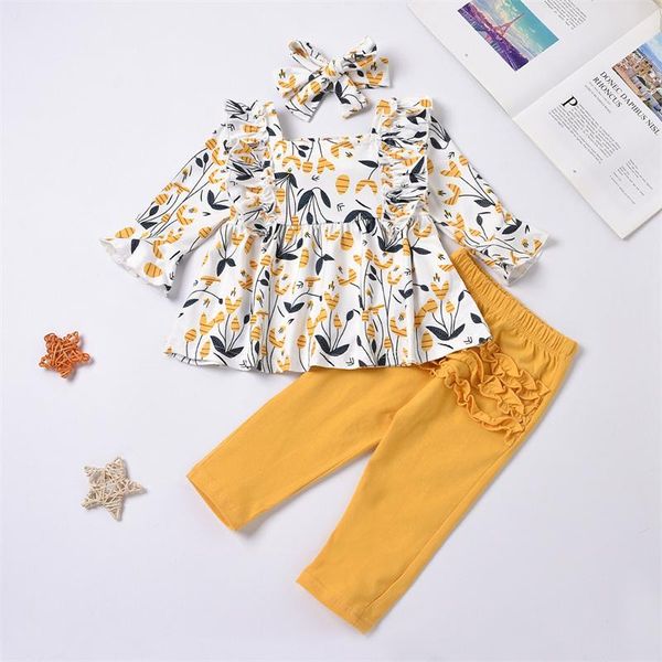 

clothing sets 2021 fashion fall baby girls clothes set floral print long sleeve square collar +solid color trousers+headband, White