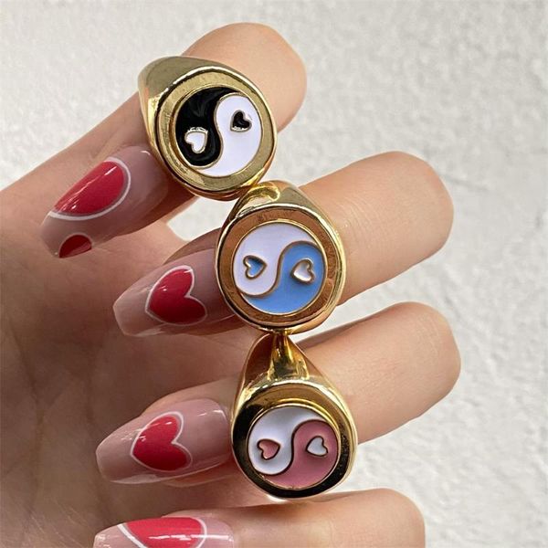 

cluster rings ins vintage colorful heart tai chi ring temperament yin yang pink gossip for women girls fashion jewelry gift, Golden;silver