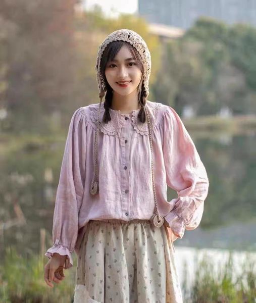 

women's blouses & shirts 2021 spring style japanese forest sweet doll collar solid color linen blouse loose age reduction long-sleeved, White