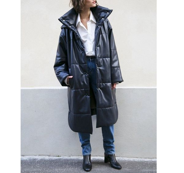 

2021 new imitation leather cotton jacket women's stand-up collar detachable hooded mid-length coat bnj4, Black