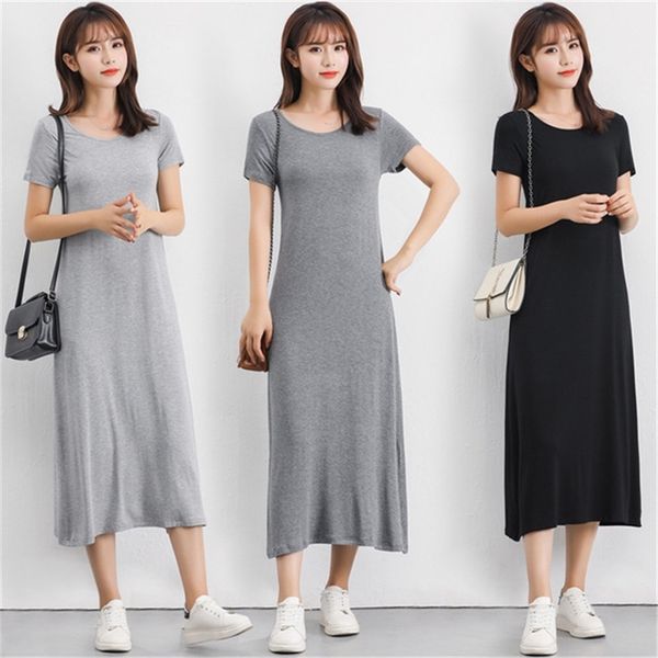 

modal knitted summer dress solid short sleeve o-neck casual t-shirt dress fashion plus size loose long vestidos maxi beach robe 210309, Black;gray