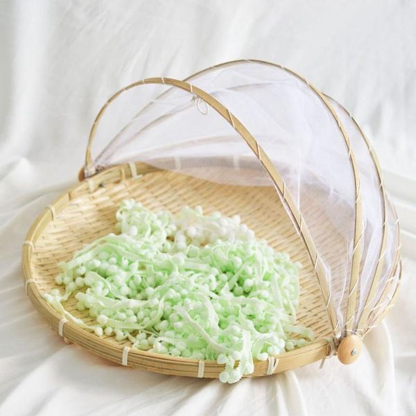 

storage baskets hand-woven bamboo insect-proof dust-proof basket picnic round dustpan vegetable fruit bread mesh gauze cover