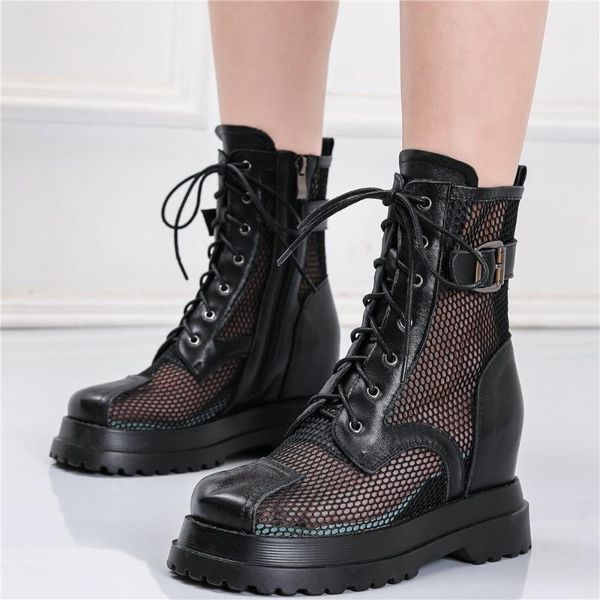 

summer pumps shoes women lace up genuine leather wedges high heel riding boots female round toe fashion sneakers casual shoes, Black