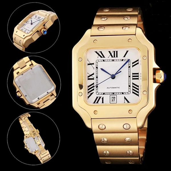 

men fashion gold watch classic square design stainless steel mens watches automatic movement glide sweep move wristwatches clock, Slivery;brown