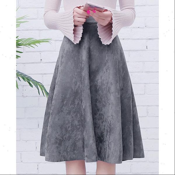 

women suede high waist midi skirt 2021 vintage style elastic ladies a line black green flare fashion skirt s29a4