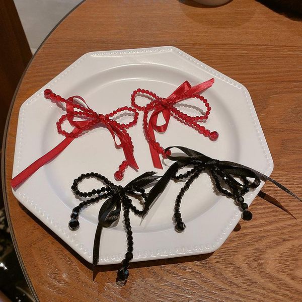 

dangle & chandelier 2021 arrive korean design drop earrings ribbon bowknot black red crystal long tassel handmade cute elegant, Silver