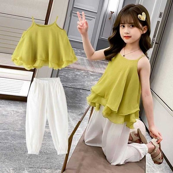 

clothing sets girls summer fashion girls sleeveless sweet chiffon suspender skirt+casual pants for kids clothes two-piece set 2t, Red;yellow