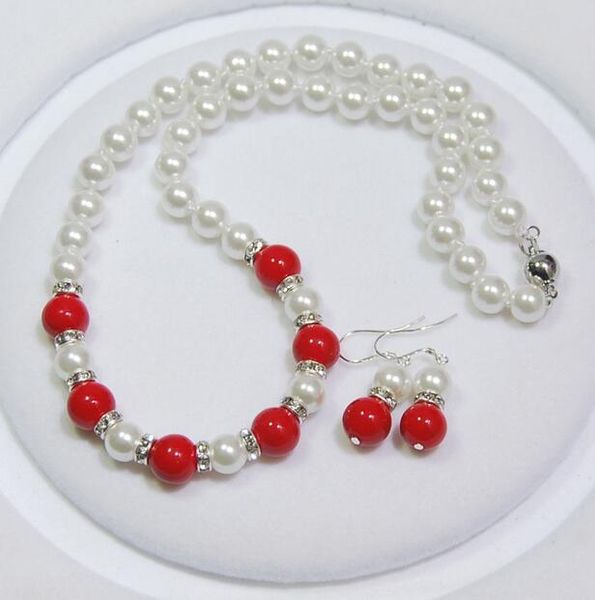 

earrings & necklace 8mm white shell pearl /10mm red round beads + set, Silver