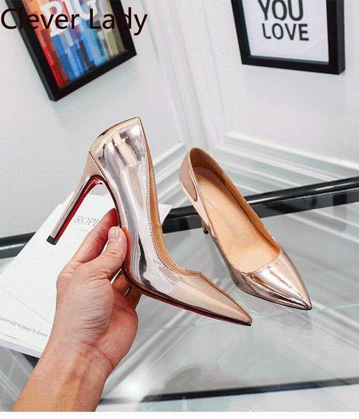 

dress shoes clever lady 12cm high heels women red pumps gold patent shallow thin heel silver wedding ol size 34-44, Black