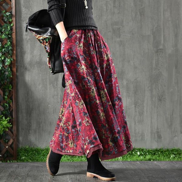 

skirts arrival spring and autumn arts style women flower print a-line cotton skirt loose casual patchwork long a183, Black