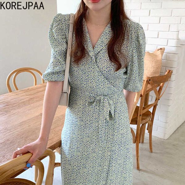 

korejpaa women dress summer korean elegant temperament cross lapel lace-up floral puff sleeve chiffon vestidos 210526, Black;gray