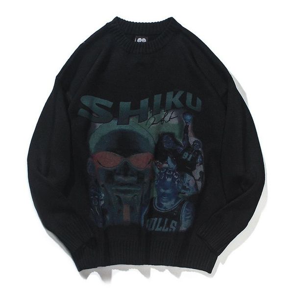

men's sweaters men hip hop knitted jumper anime printed streetwear harajuku autumn oversize hipster casual pullovers, White;black