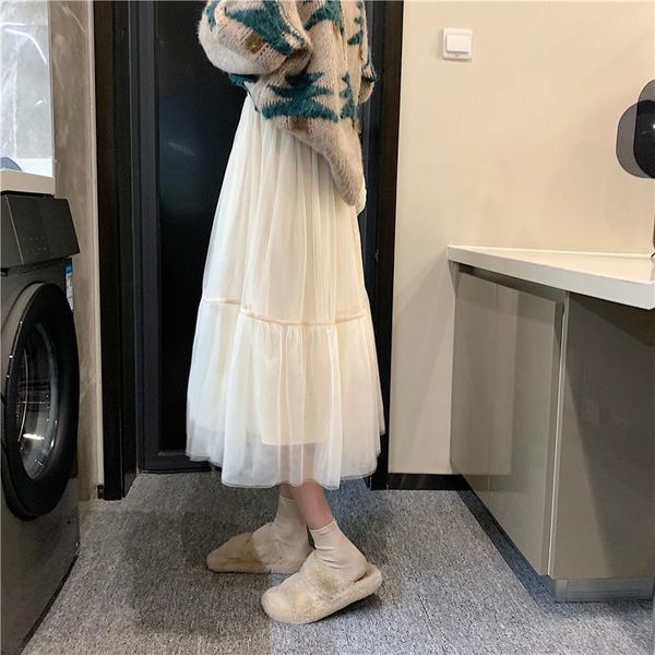 

2021 women kawaii lolita tulle skirt vintage midi pleated female high waist plus size long skirts faldas mujer saias jupe 5cl8, Black