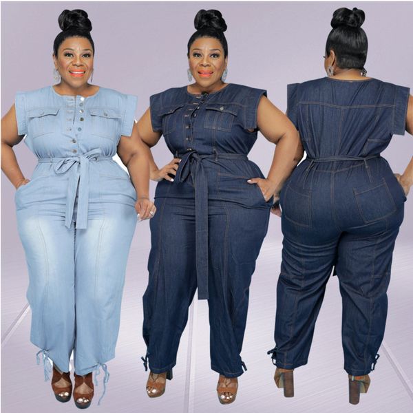 

jumpsuit plus size women clothing denim round neck lace up sleeveless trousers pocket stretch bodysuit wholesale dropshipping, Black;gray