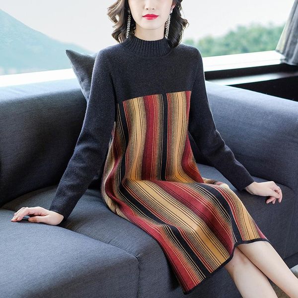 

women's sweaters autumn winter knitted cotton striped sweater dress 2021 elegant bodycon turtleneck women korean vintage casual, White;black